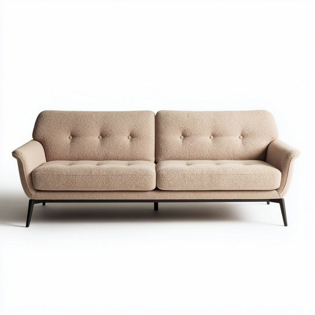 Divano in tessuto beige con struttura in metallo nero dimensioni 200 x 90 x 85cm