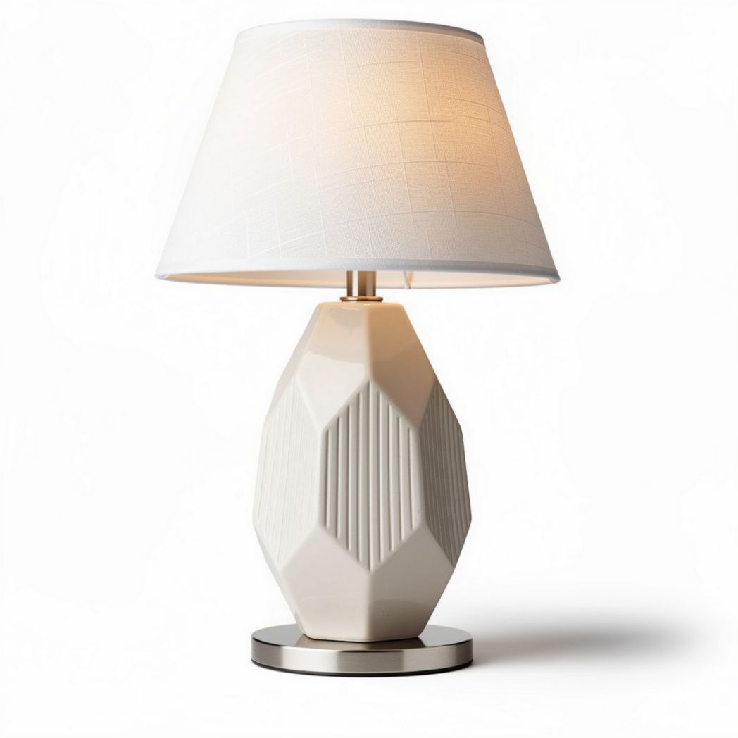 Lampada da tavolo in ceramica bianca con paralume tessile 30 x 20 x 45cm