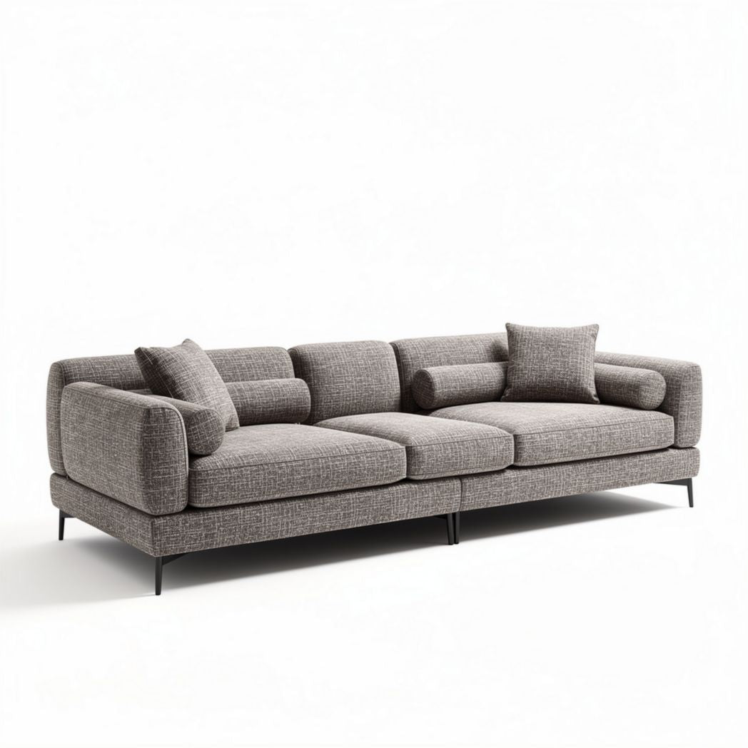 Divano angolare in tessuto grigio con cuscini e dimensioni 200 x 85 x 80cm