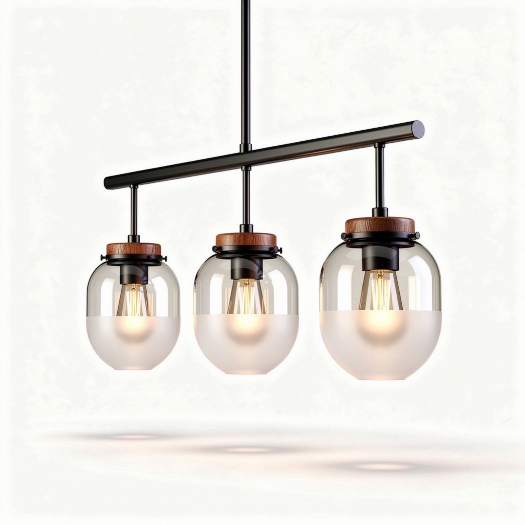 Lampada a sospensione tre luci in vetro trasparente e legno, 40 x 25 x 25cm