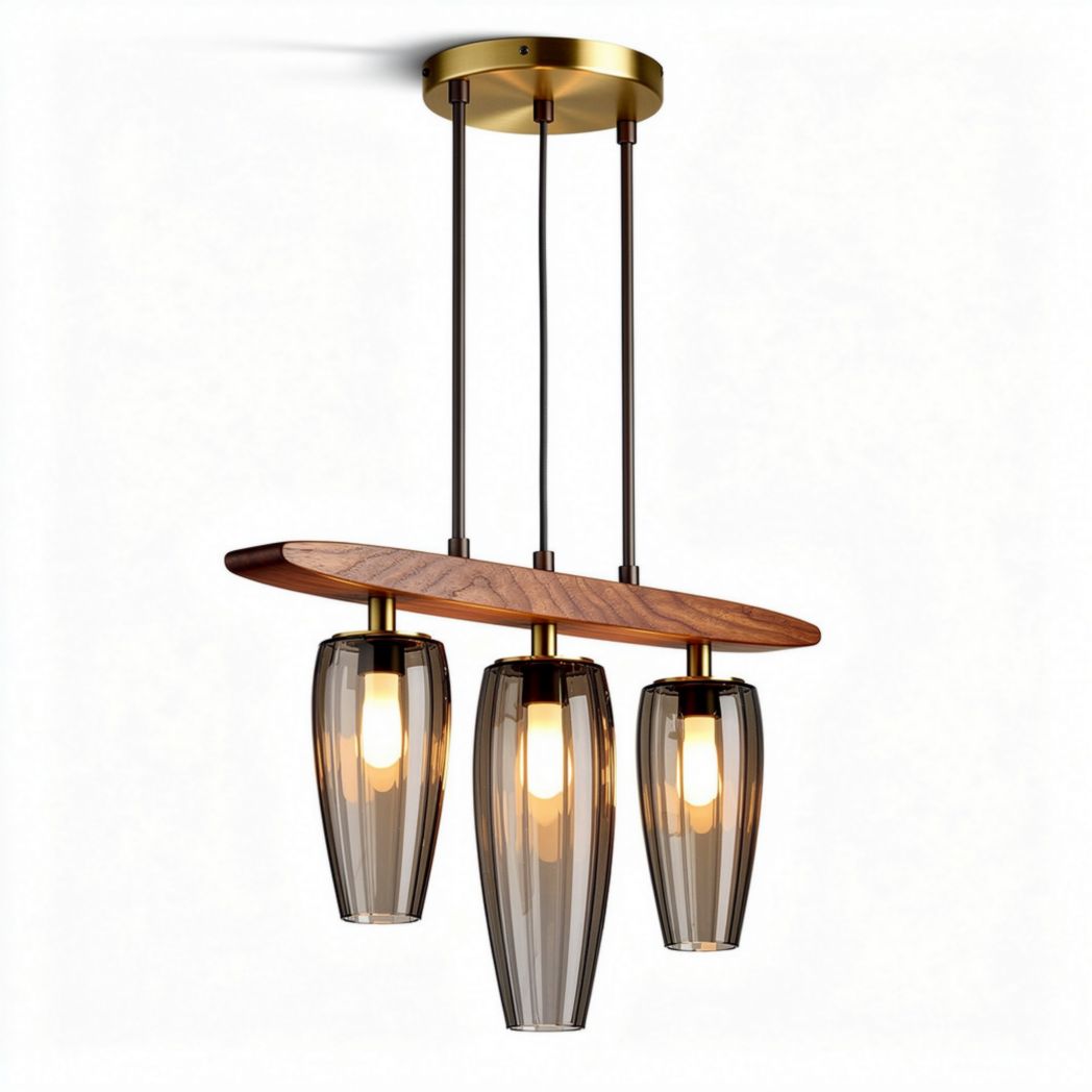 Lampadario in legno e vetro con tre punti luce dimensioni 30 x 30 x 60cm